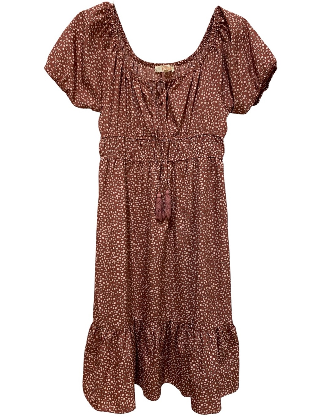 Blush Rust Red-Dot Smocked Tassel Midi Dress Size 12